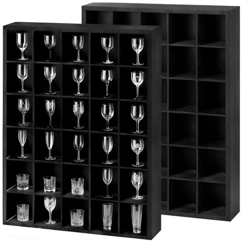 2Pcs Shot Glass Display Case Shot Glass Shelf Holder 30 Compartments Wall-Mounte