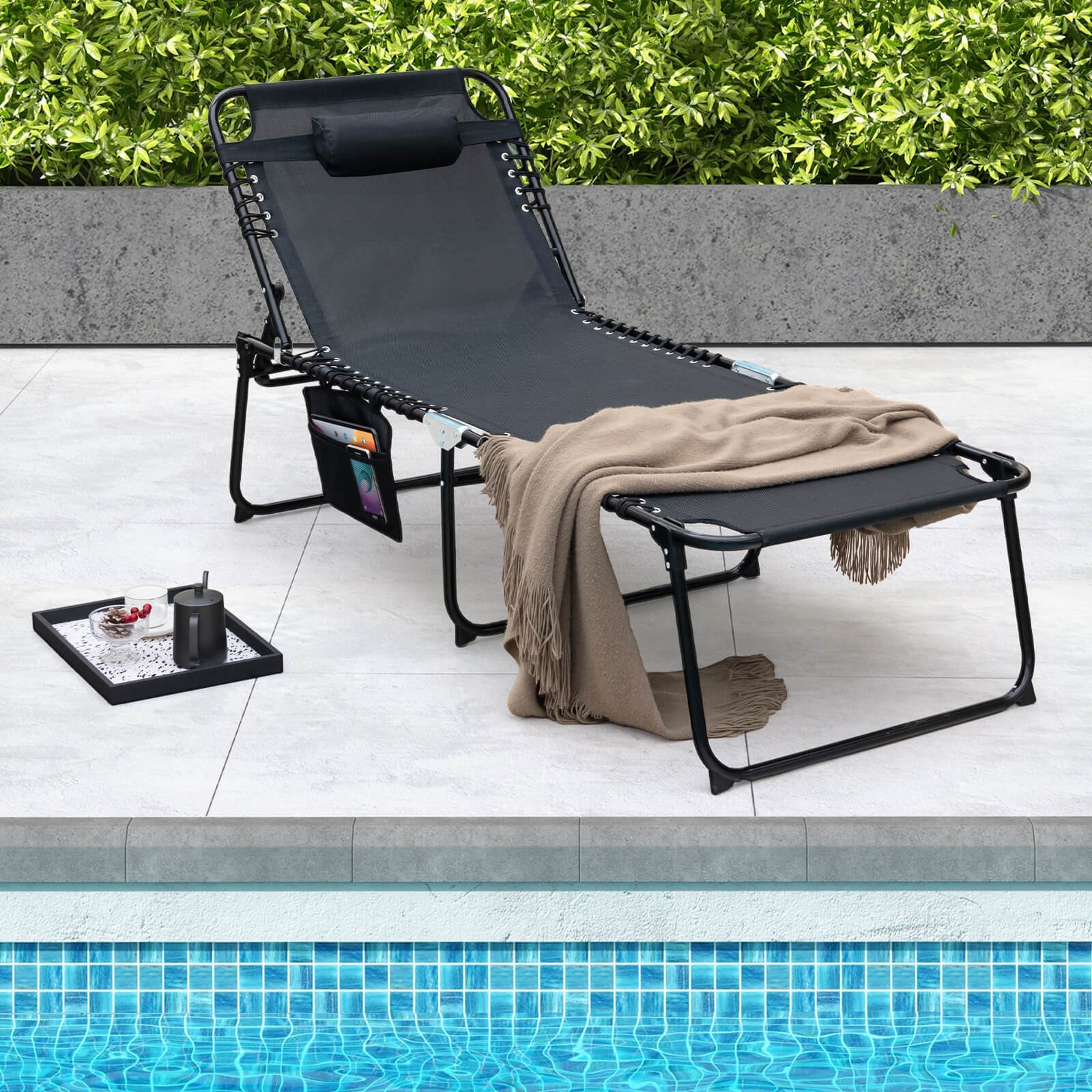 Oversize Folding Chaise Lounge w/ Adjustable Backrest Detachable Pillow & Pocket