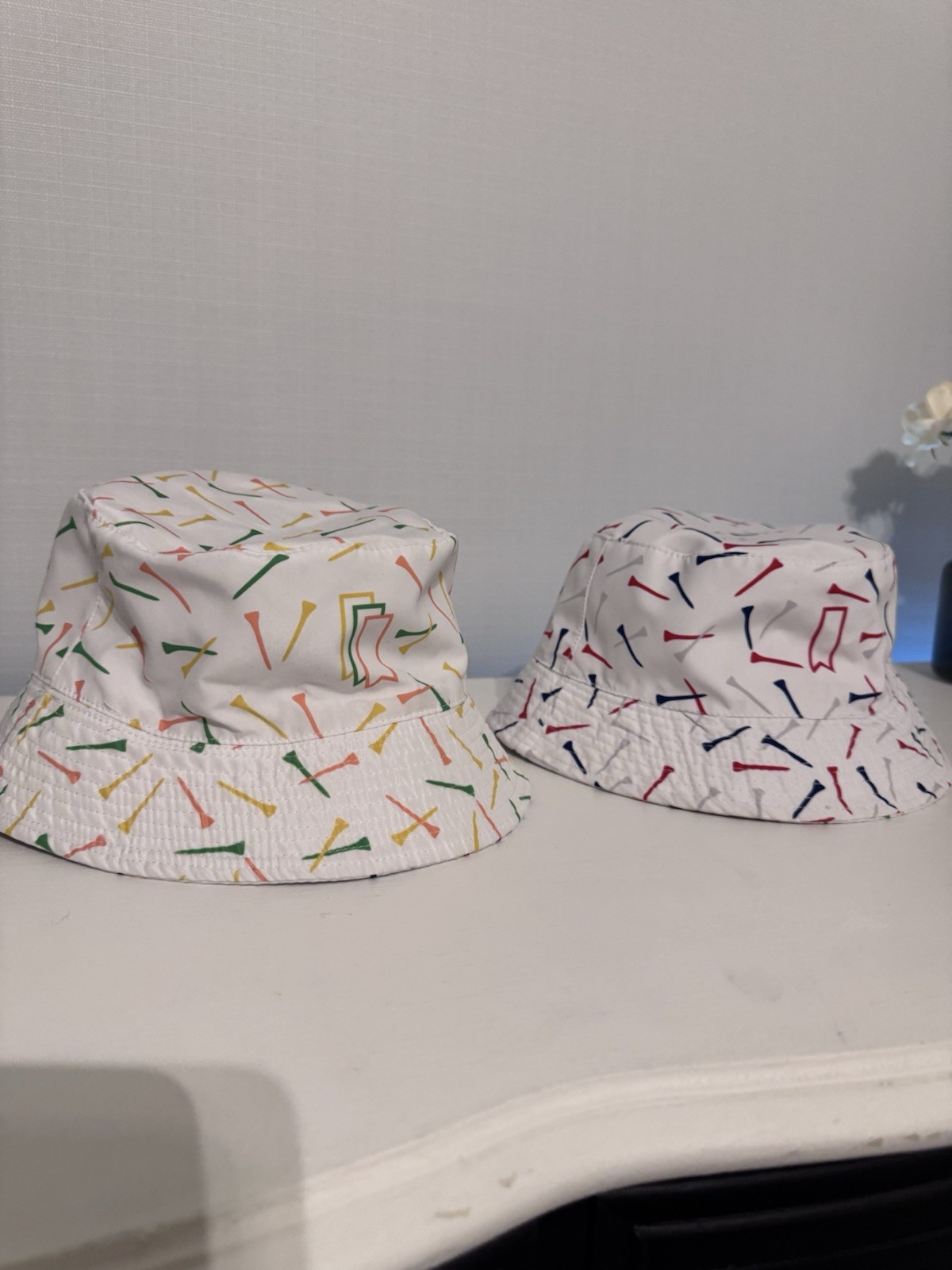 White Bucket Hat With Golf Tee Design Reversible One Size