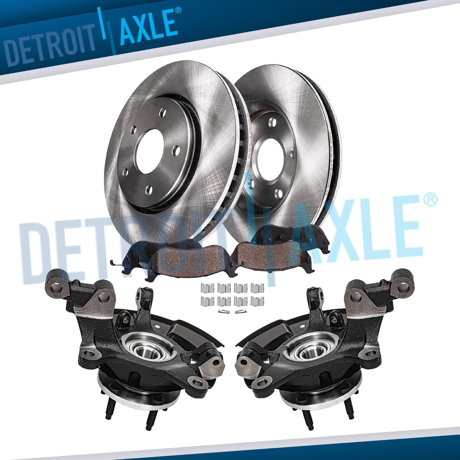 Front Steering Knuckles Hub Bearings Rotors Brake Pads for 2011-2014 Ford Edge