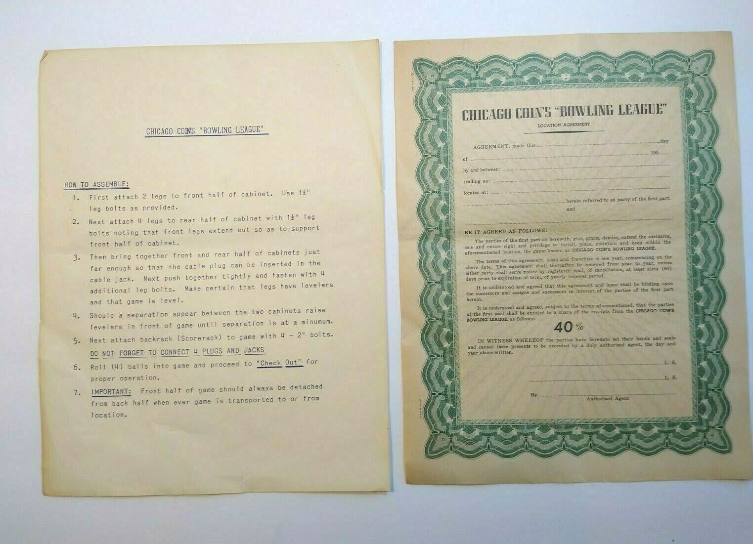 Chicago Coin Bowling League Arcade Game Bowler Alley Paper Sheet Agreement 1957