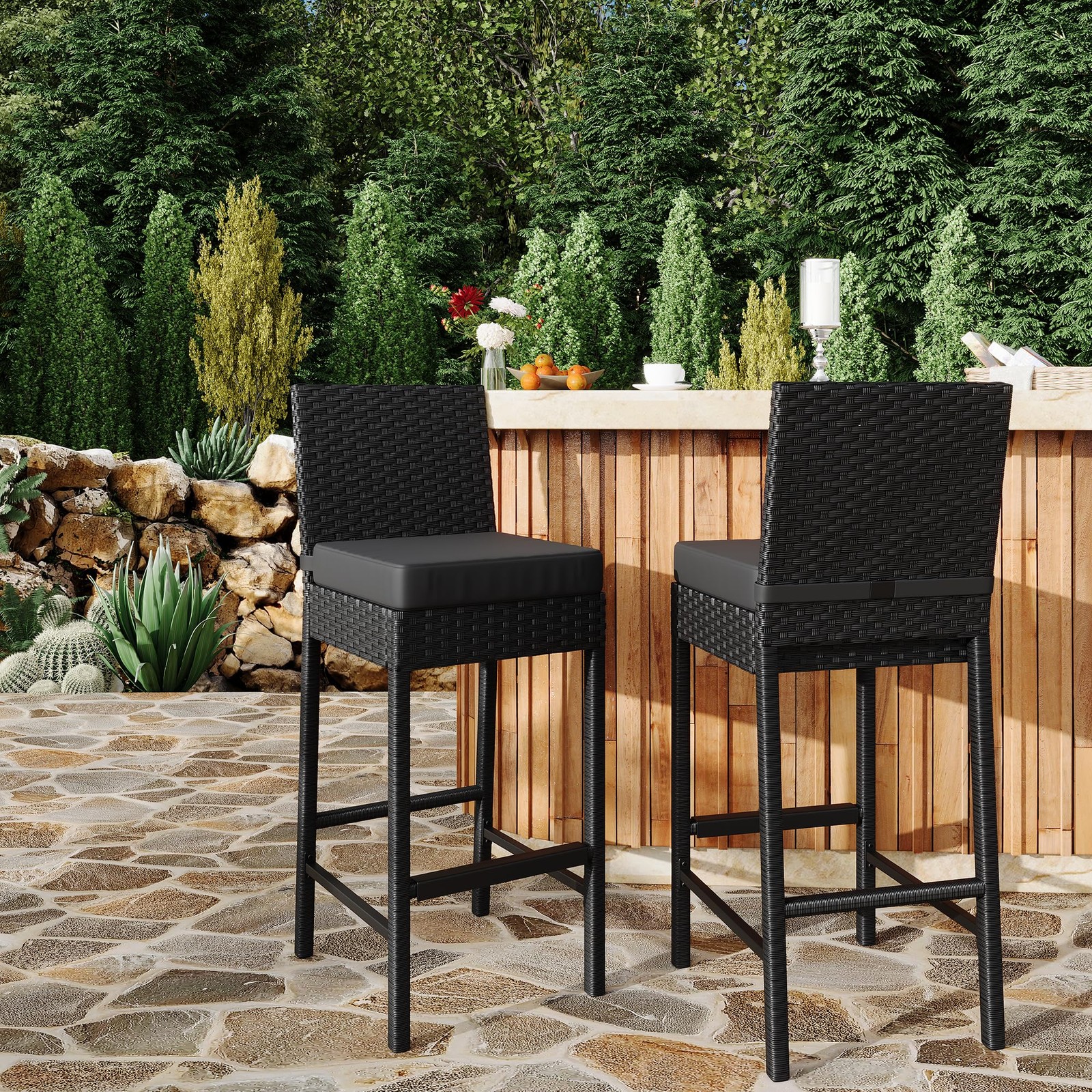 Outdoor Rattan Bar Stools Set of 2 – Counter Height Patio Chairs with Cushions