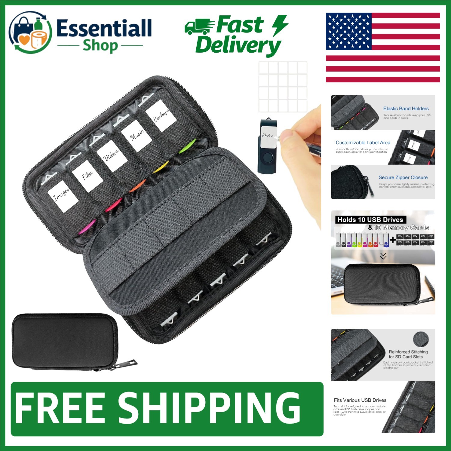 Black Neoprene USB Drive & Memory Card Organizing Case - Durable 20-Slot Design