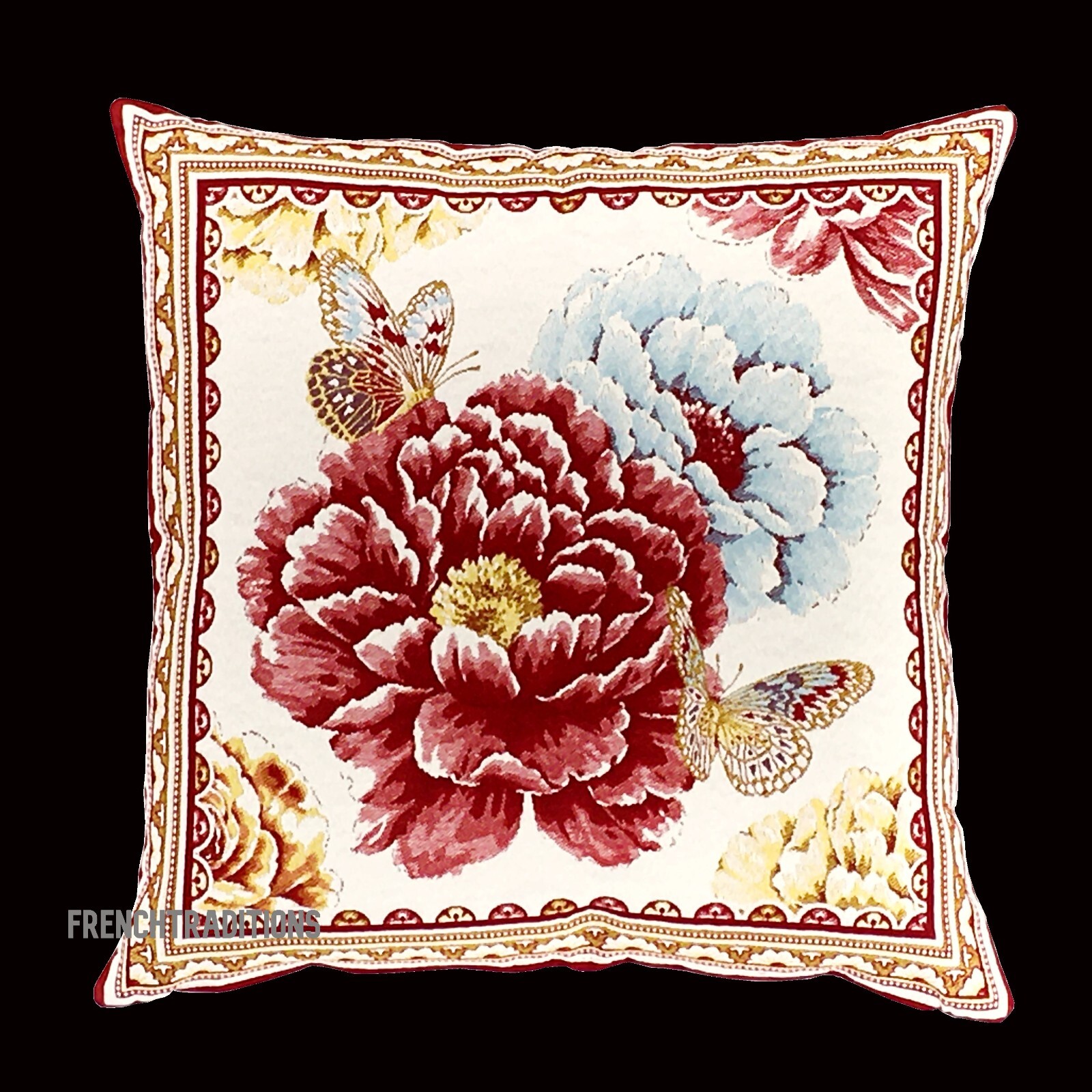 French Pillow Cover Jacquard Woven Peony Flowers & Butterflies Made In  France