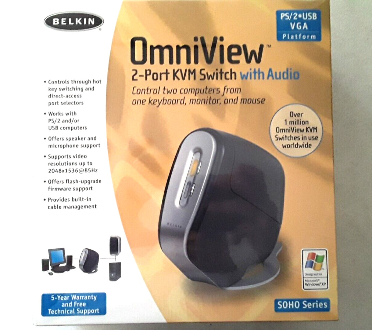 *** NEW SEALED Belkin OmniView F1DS102T SOHO Series 2-Port KVM Switch with Audio