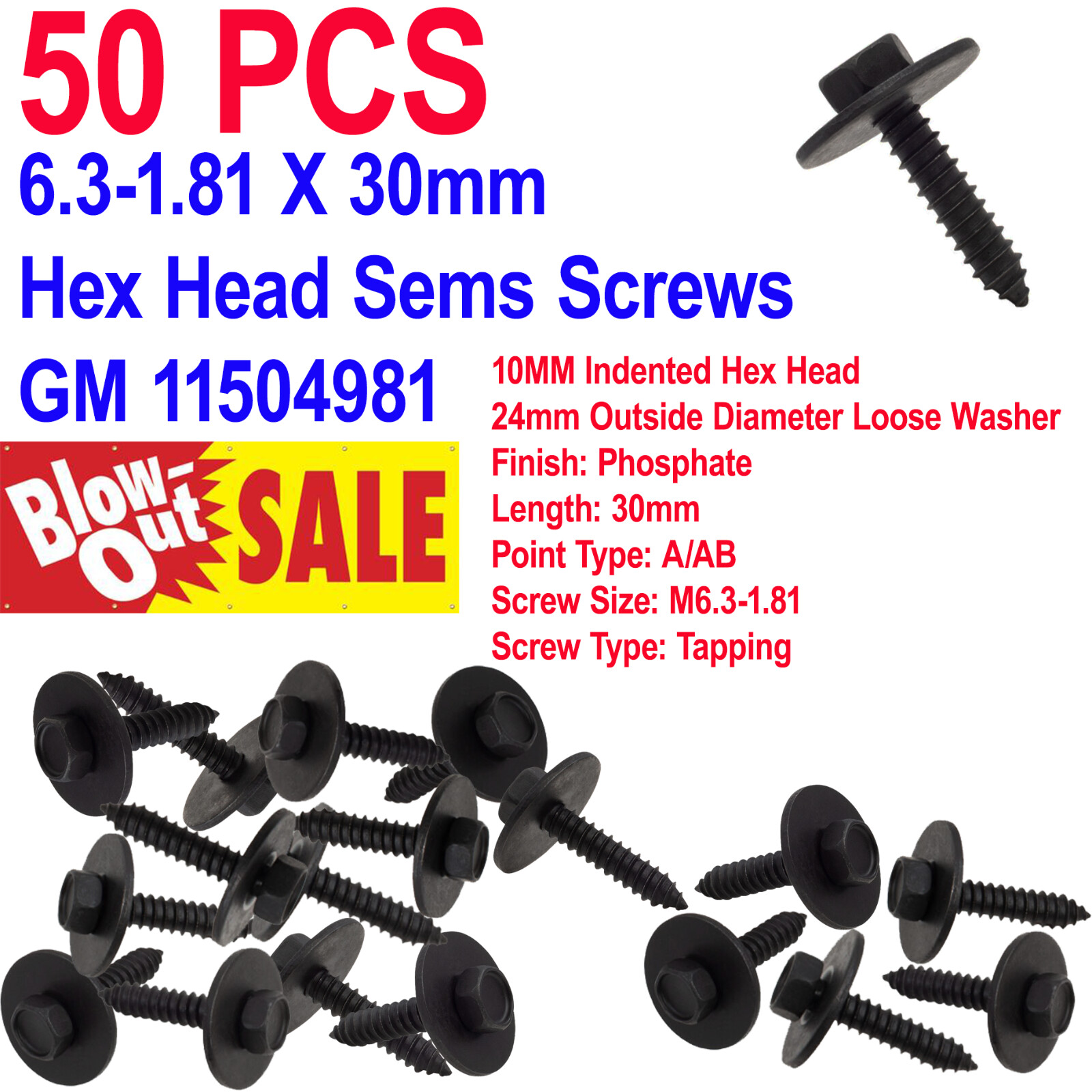 50 6.3-1.81 X 30mm Hex Head Sems Screws For GM 11504981