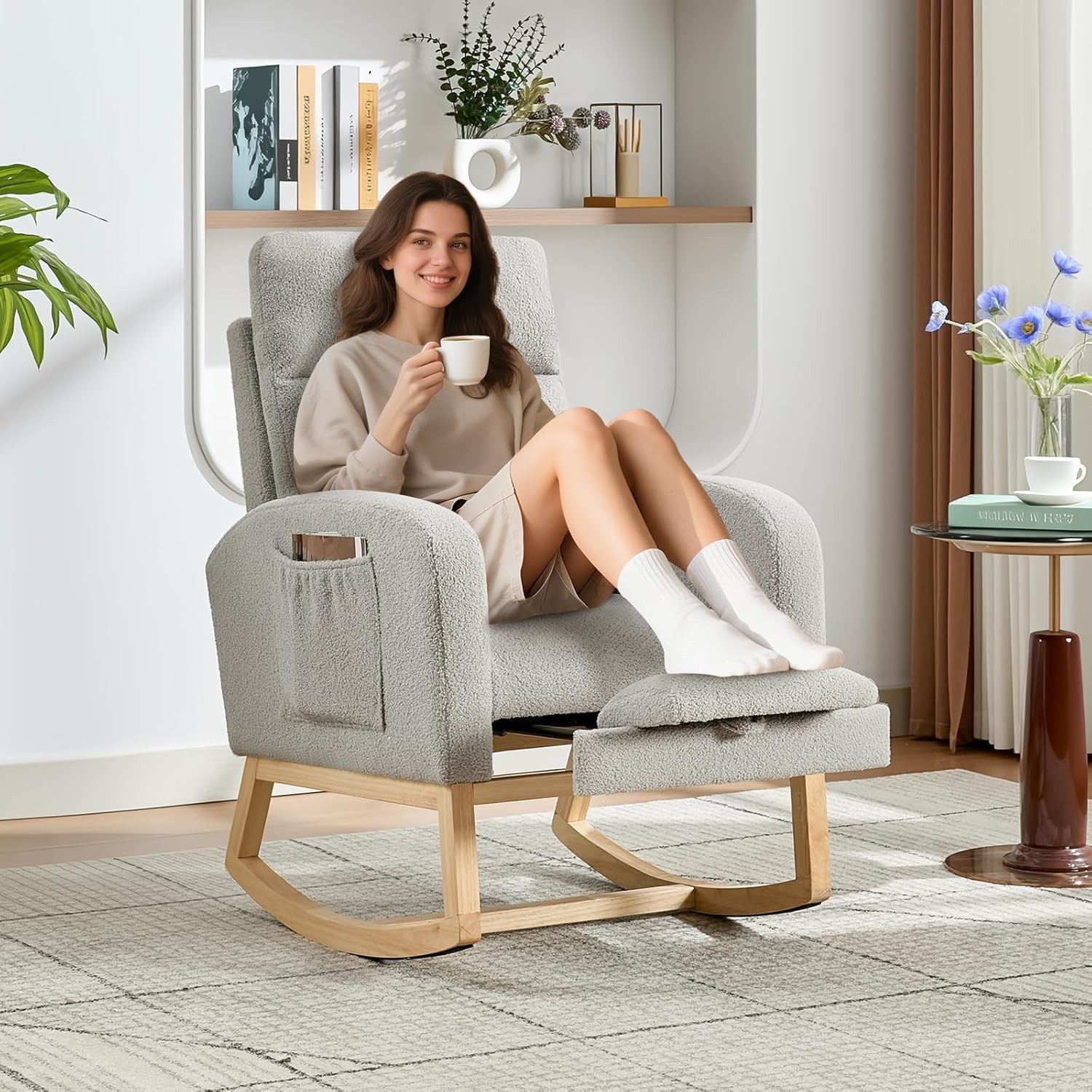 Gray Rocking Armchair,Velvet High Back Chair w Adjustable Footrest & Side Pocket