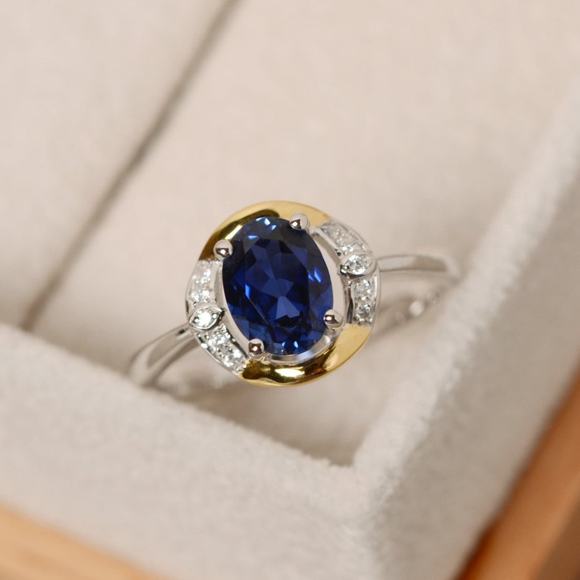1.65 Ct Oval Cut Natural Sapphire Diamond Engagement Ring 14K White Gold Size 5
