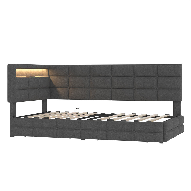 Upholstered Twin Size Daybed with 2 Drawers Wooden Day Bed Frame with LED Lights