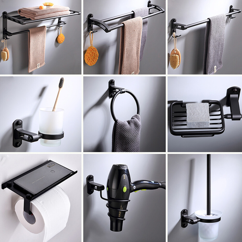 9PCS Bath Accessory Set Wall Mounted Bathroom Hardware Black Aluminum Towel Bar
