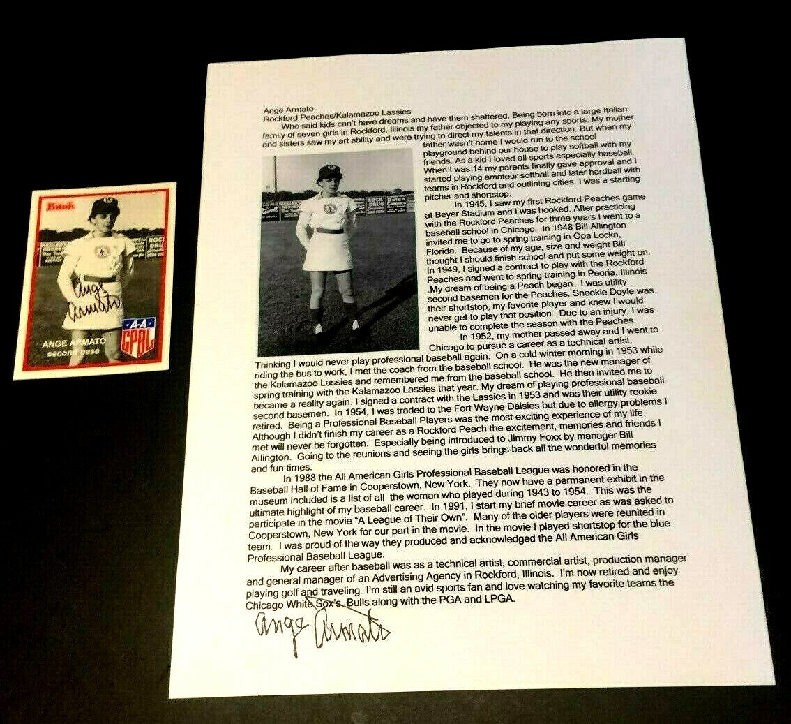 ANGE ARMATO Personally Autographed Fritsch AAGPBL #10 Baseball Card & BIO
