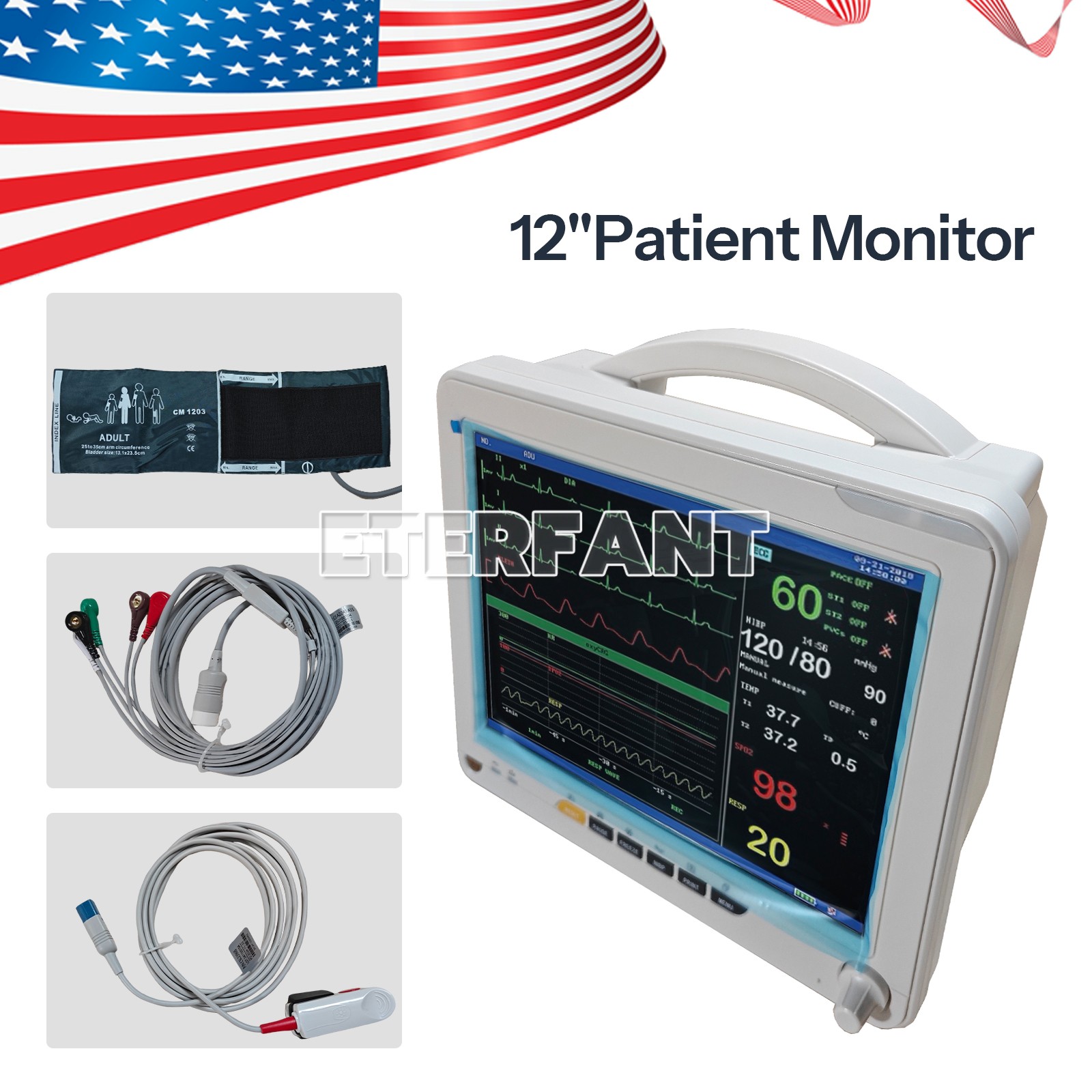 12" Patient Monitor ICU CCU Vital Sign for Hospital ECG NIBP RESP TEMP SPO2 PR