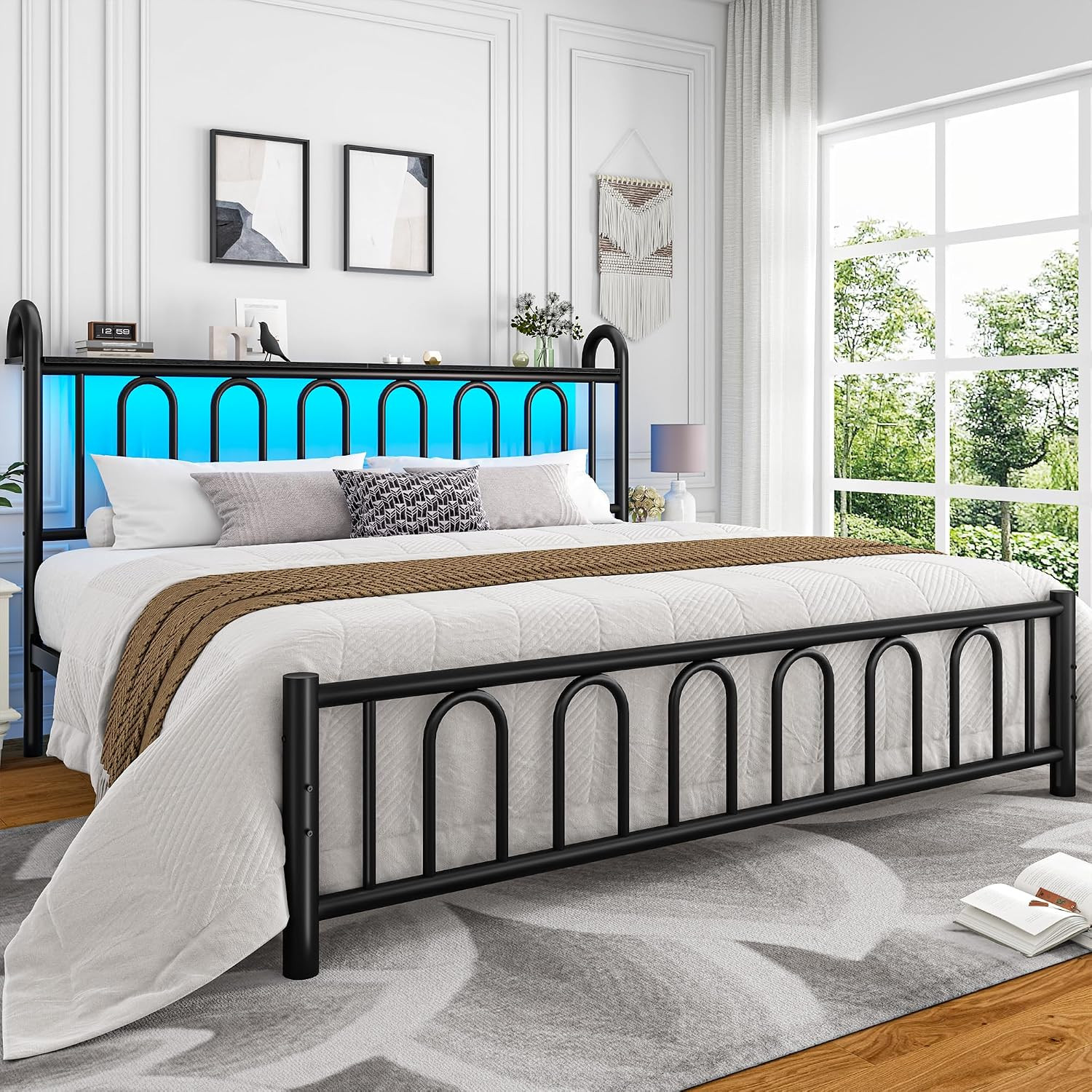 Metal King Bed Frame Vintage with LED Storage Headboard,Black | Victorian Style
