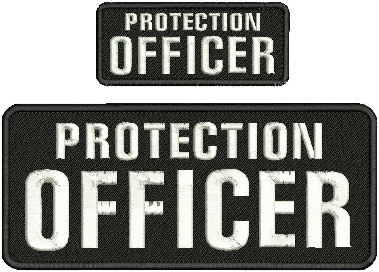 PROTECTION OFFICER embroidery patches 4x10 and 2x5 hook on back WHITE ON BLACK
