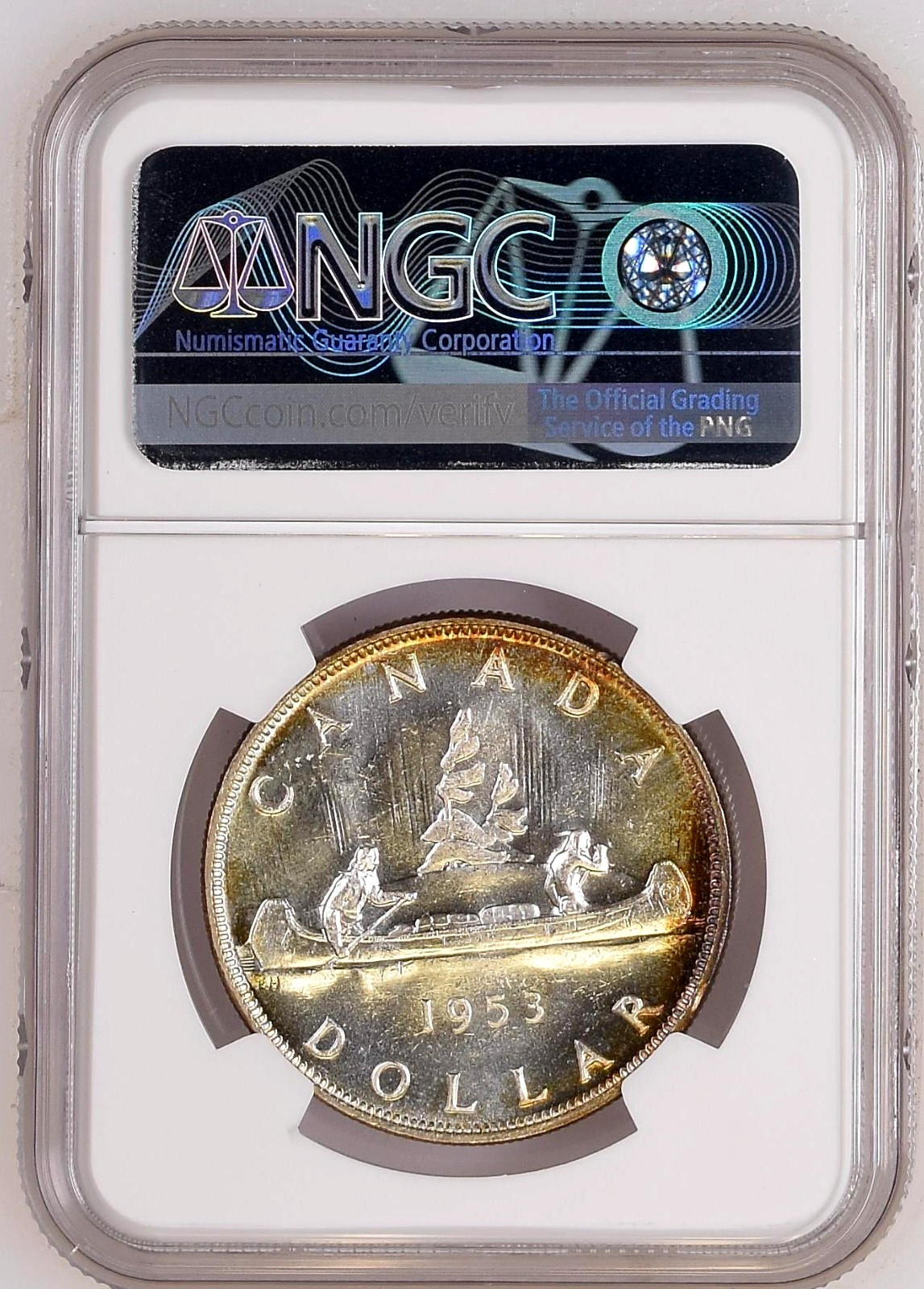 1953 CANADA SILVER $1 DOLLAR SHOULDER FOLD NGC MS-64 SWL