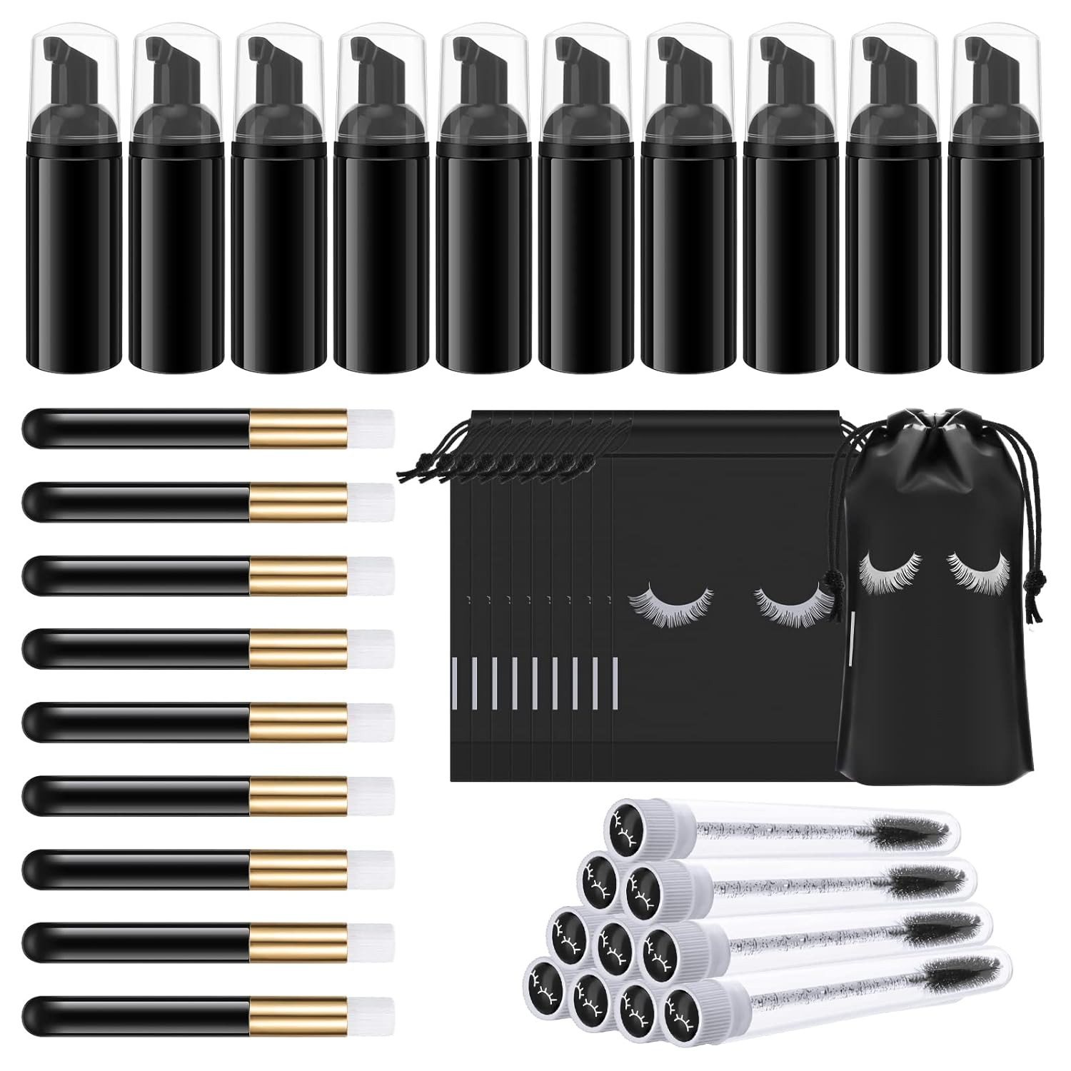 40PCS Lash Shampoo Kit – Foam Bottles, Brushes, Mascara Tubes & Aftercare Bags