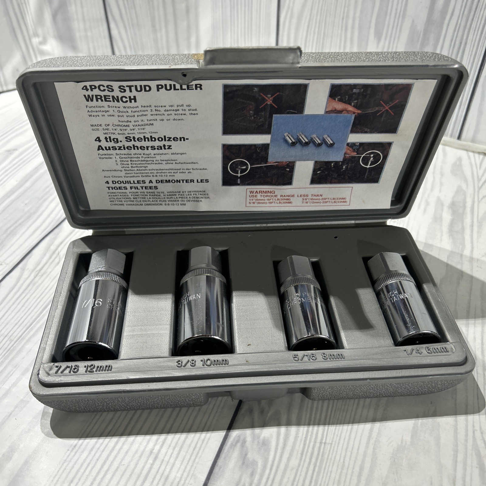 NEW 4 Piece Stud Puller Set with Storage Case 1/4, 5/16, 3/8, 7/16