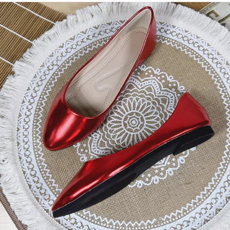 Lady Violet Red Plus Size Pointy Tip Flats Soft Bottom Shoes PU Slip-On Flats