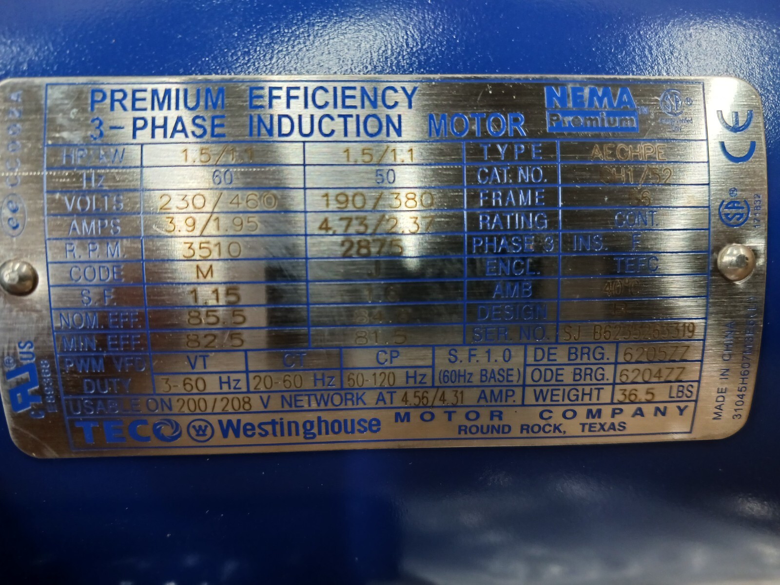 NEW TECO 1..5 HP AC ELECTRIC MOTOR 56 FRAME 230/460 VAC 3600 RPM TEFC GH1/52