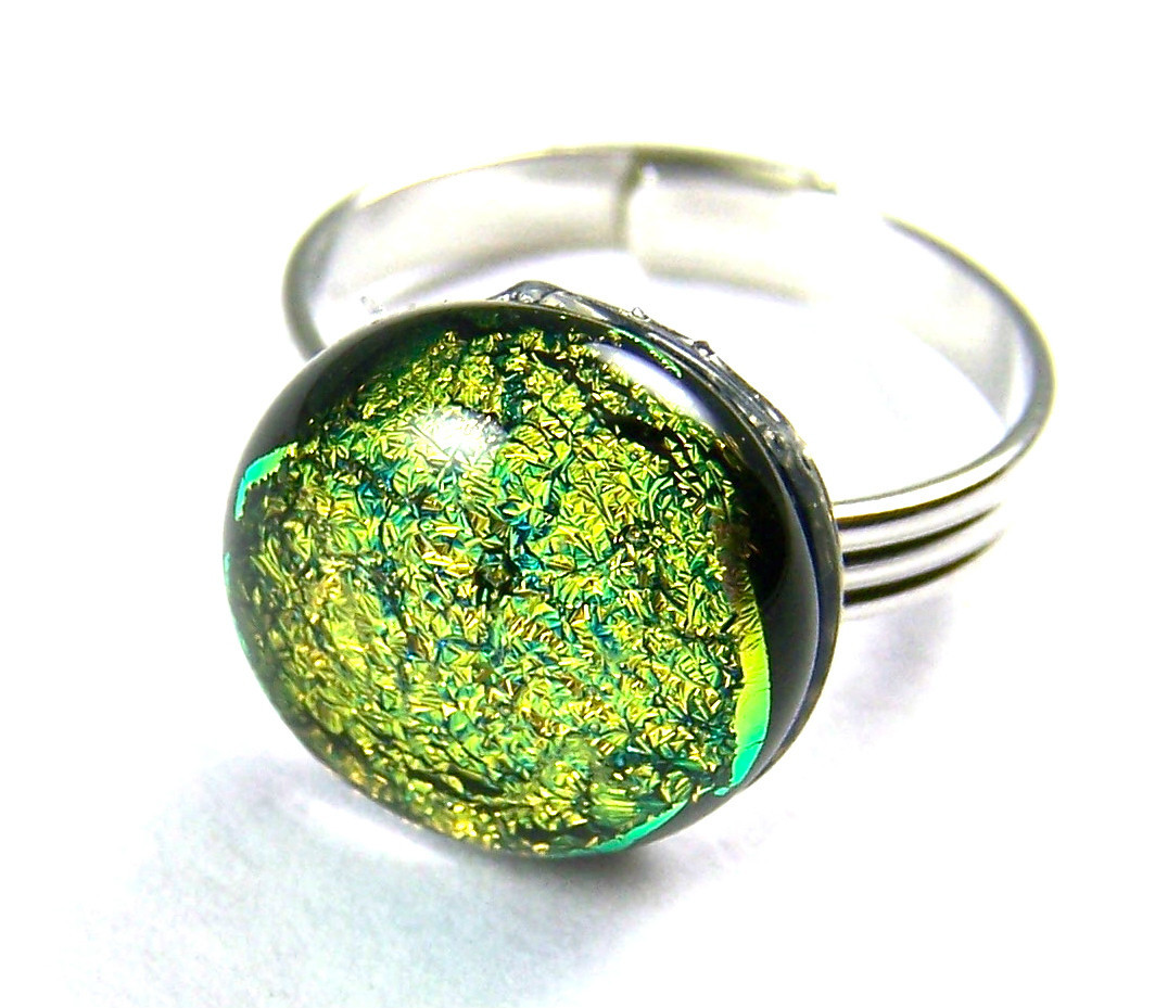 DICHROIC Glass Cocktail RING Adjustable Silver 1/2" 12mm Bright Gold Brass Dot