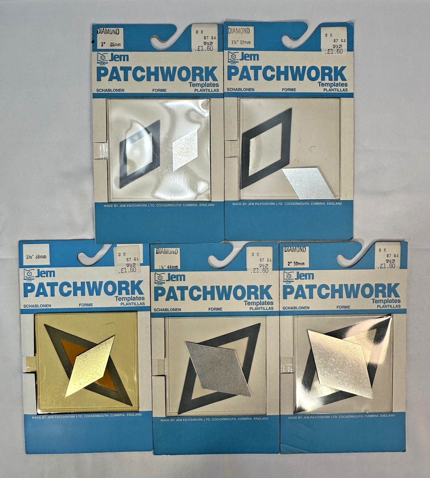 Vintage Quilter Metal Templates Diamond Lot of 5 NEW Old Stock - JEM UK