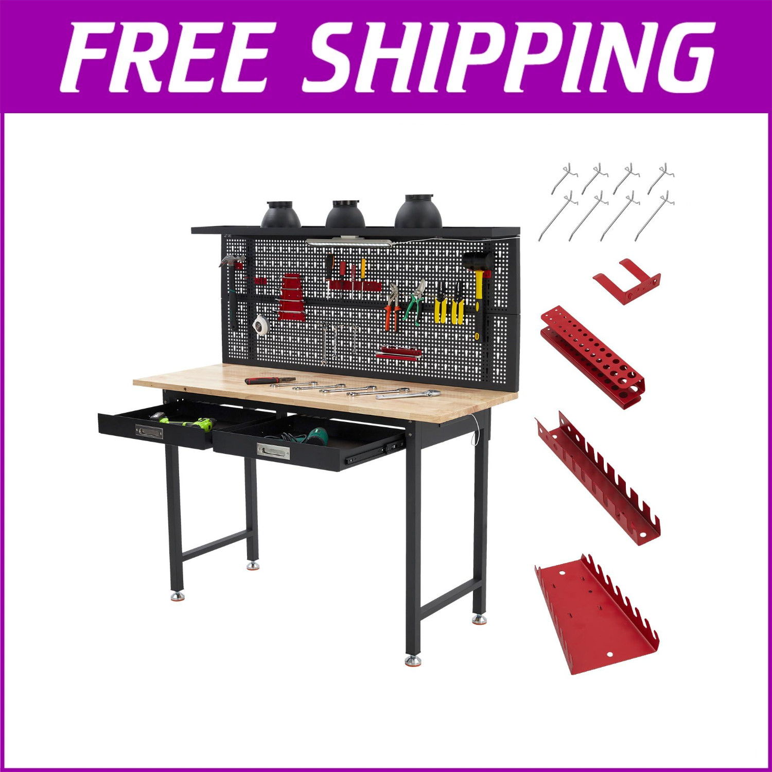 60" Adjustable Heavy Duty Workbench 2000 LBS Work Table with 2 Drawers LED Light