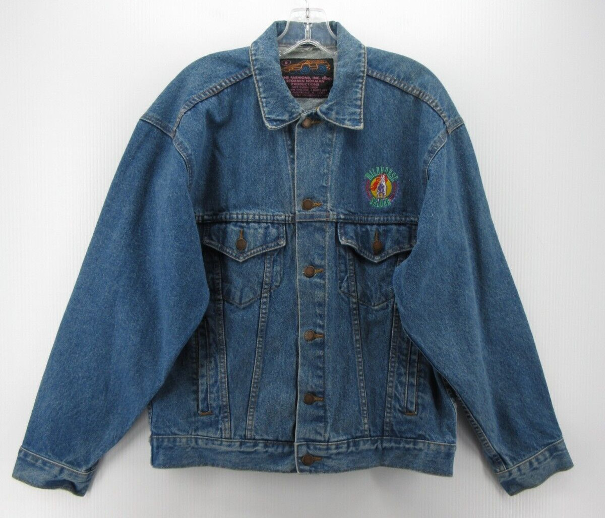 VINTAGE Trucker Jacket Men Small Blue Wildhorse Saloon 90s Moto Biker Bar Patch