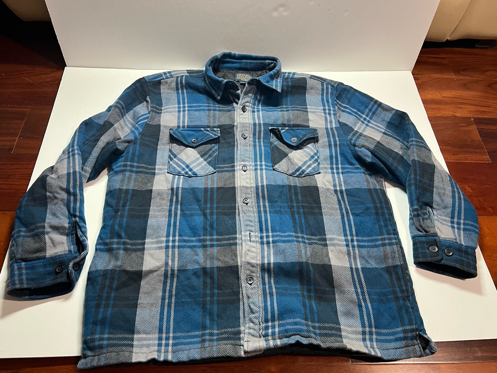 Pendleton Plaid Quilted Lined Insulated Shirt Jacket Mens XL Shacket Cotton Blue