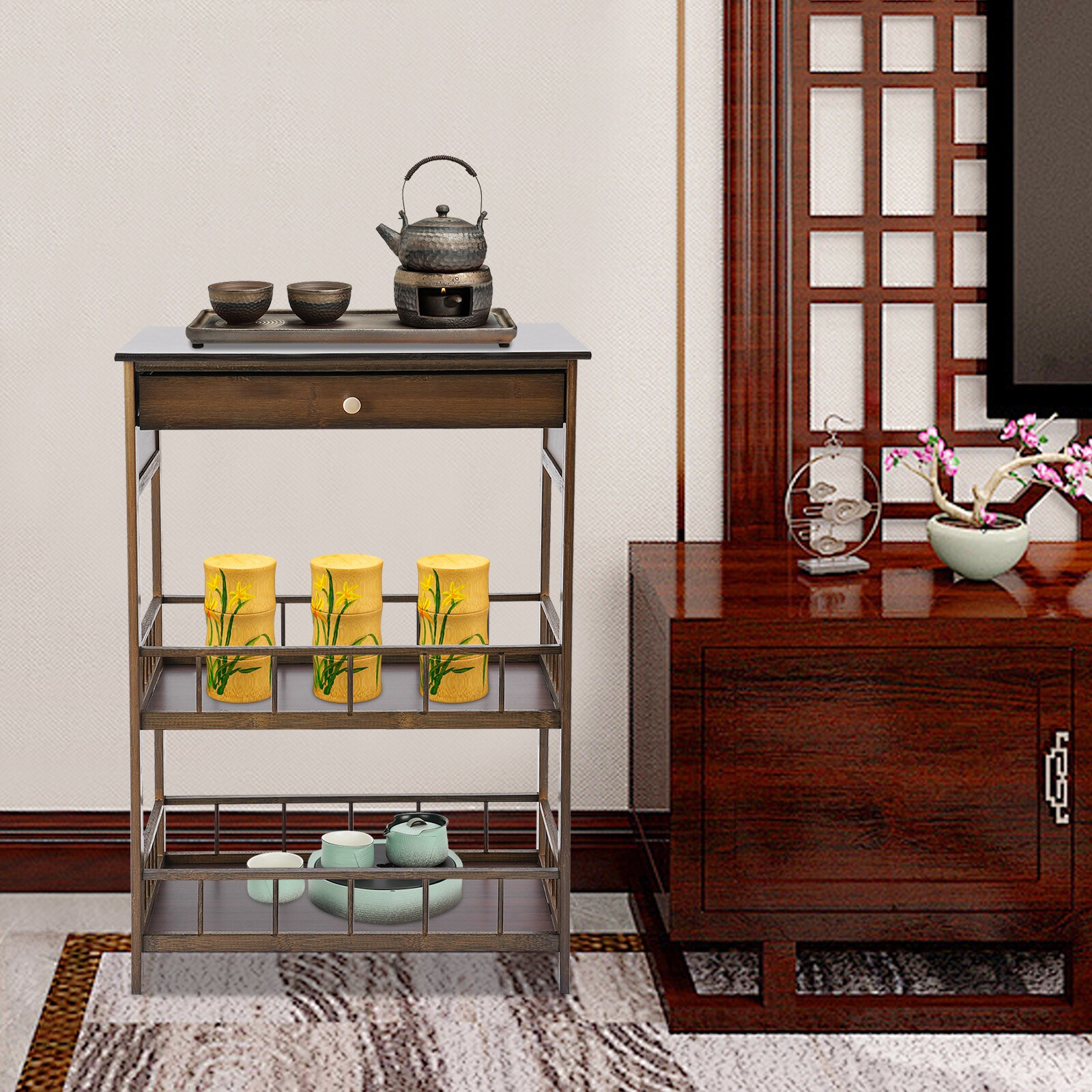 3 Tiers Side Table Side Table with Storage Drawer Bamboo End Table Tea Table