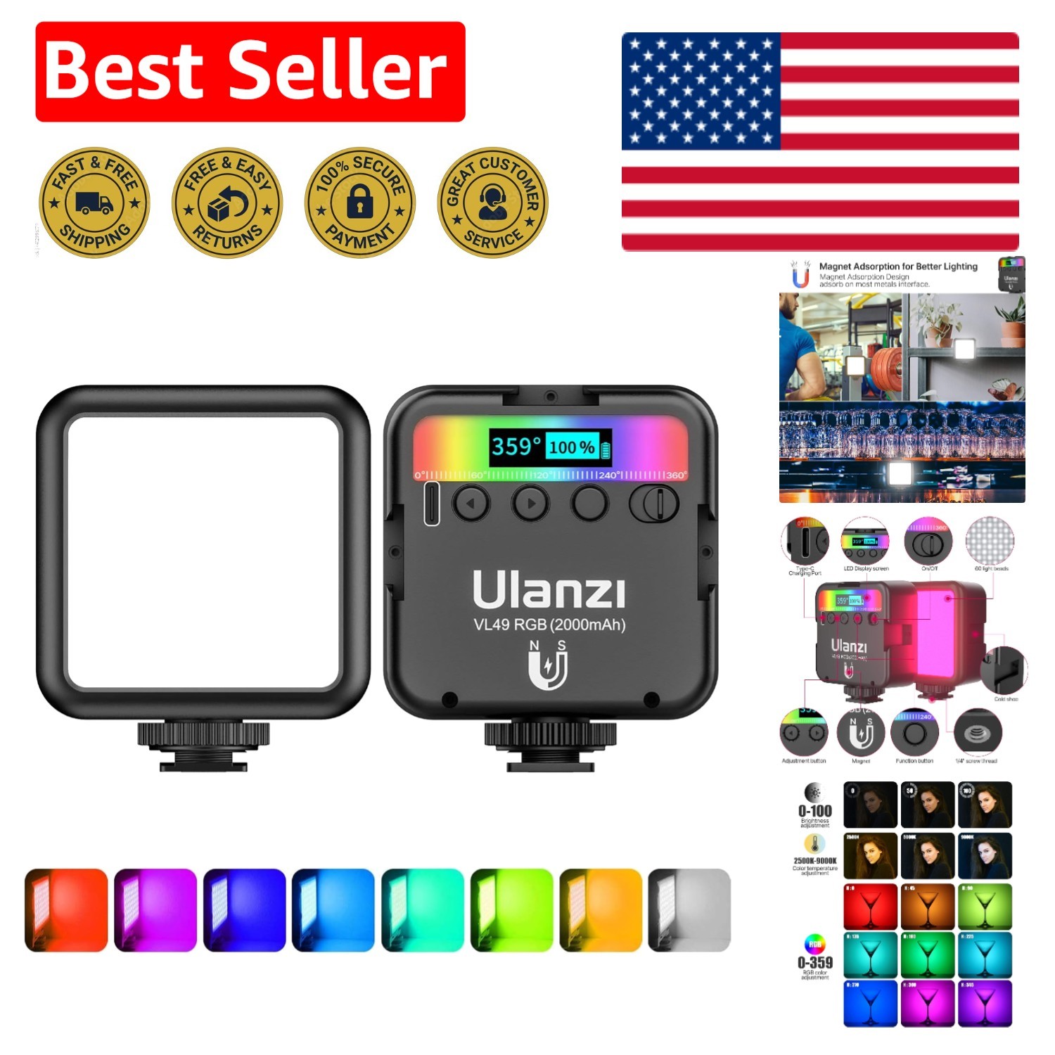 Professional VL49 RGB LED Camera Light - USB-C, Ideal for Vlogging & Portraits