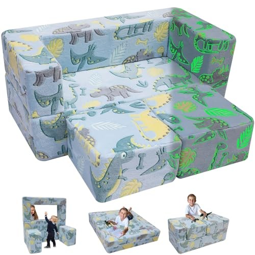 Glow-in-The-Dark Dinosaur Kids Loveseat - Modular Glowing Plush Blue Dinosaur