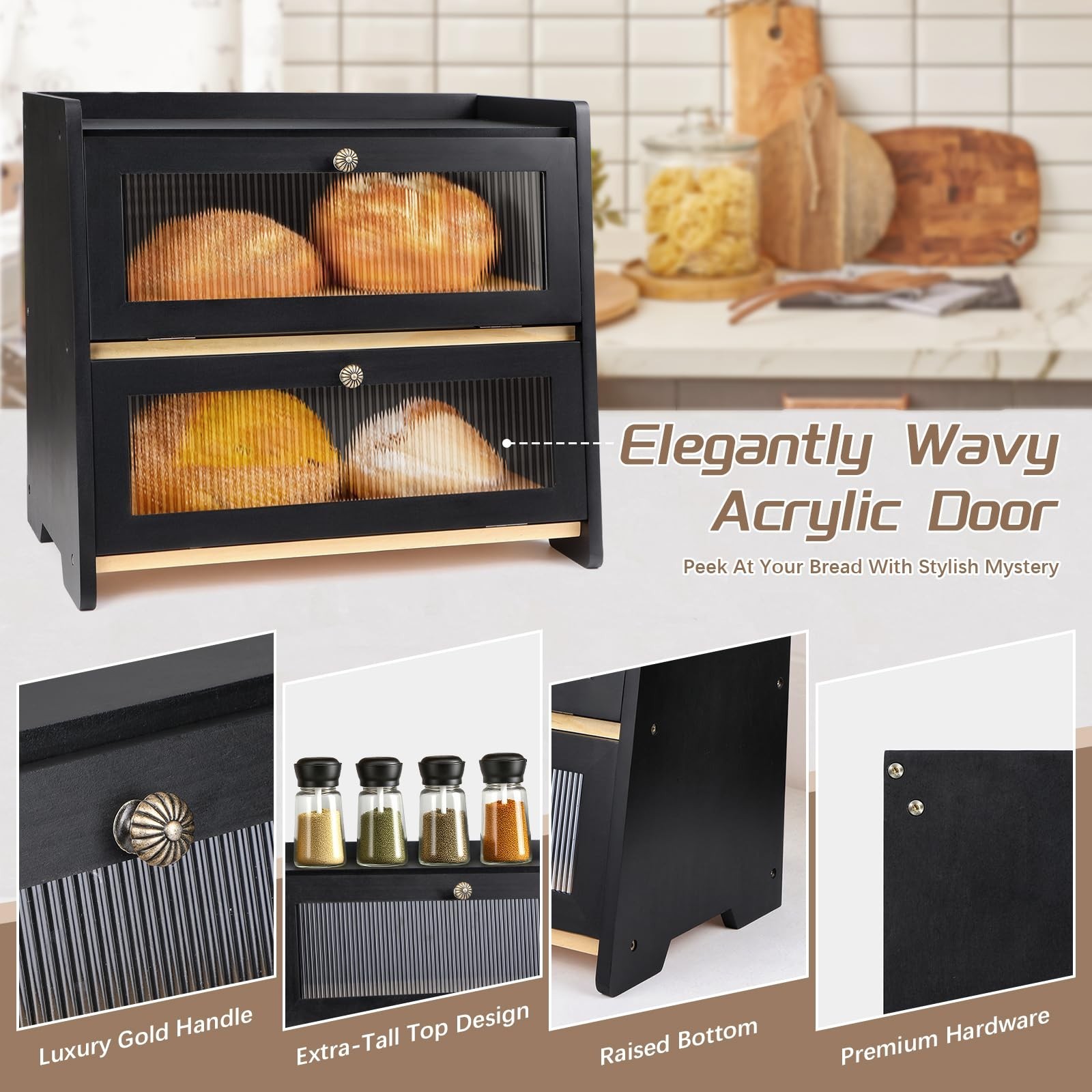 VEDALIO Bread Box For Kitchen Countertop, Black Breadbox, Bread Boxes for Kit...