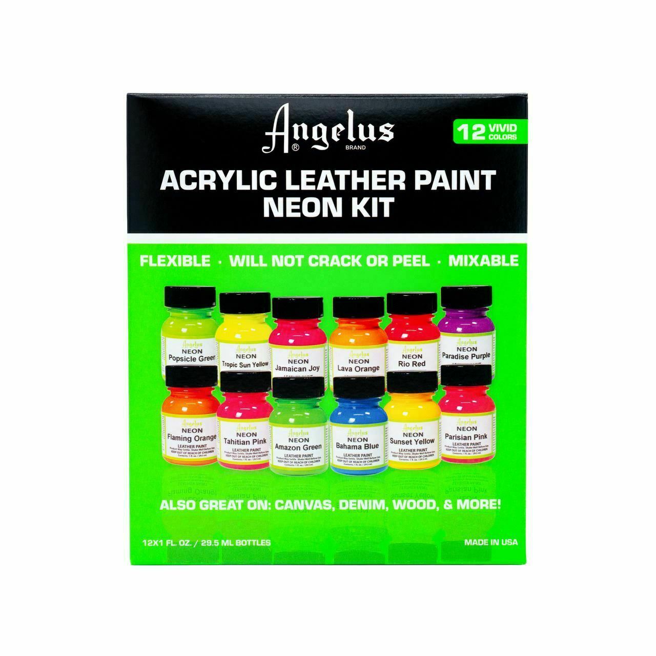 Angelus Acrylic Leather Paint Neon Kit (All 12 Colors / 1 oz)