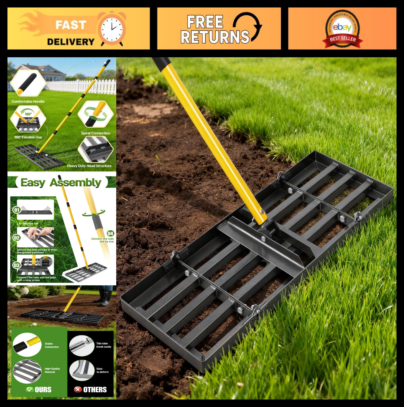 36" Lawn Leveling Rake - Heavy Duty Adjustable Steel Handle for Yard & Golf Cour