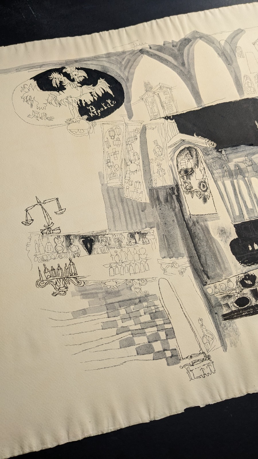 Fritz Kreidt, abstract room composition, drawing, unsigned
