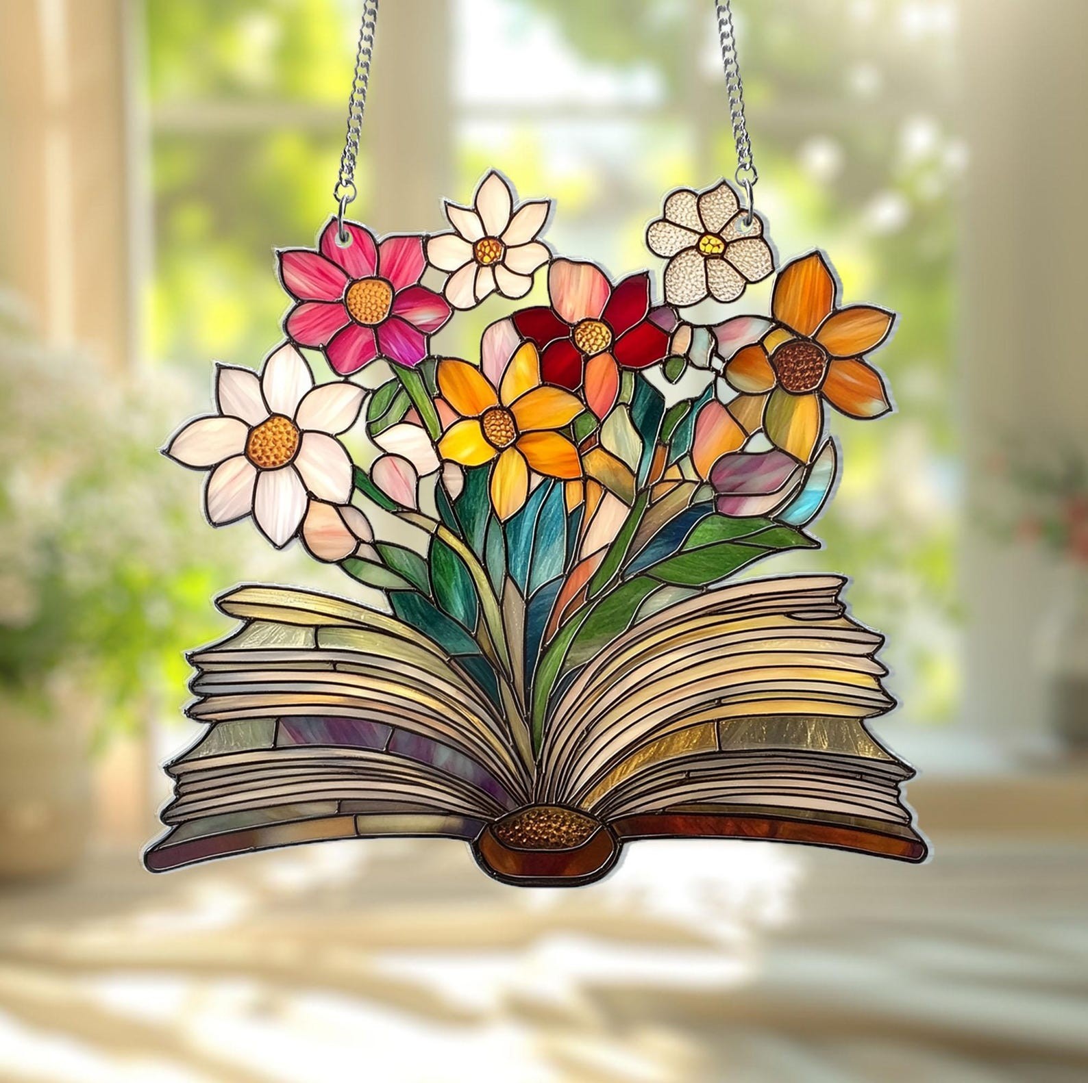 Flower Book Suncatcher, Floral Library Books Acrylic Window Hanging Art Decor