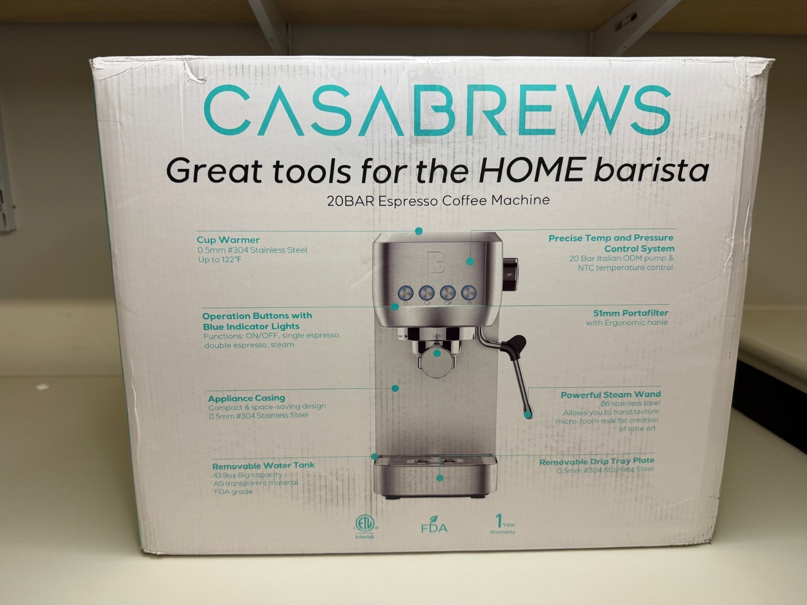 CASABREWS 20 Bar Espresso Coffee Machine Stainless Steel Home Barista Steam Wand
