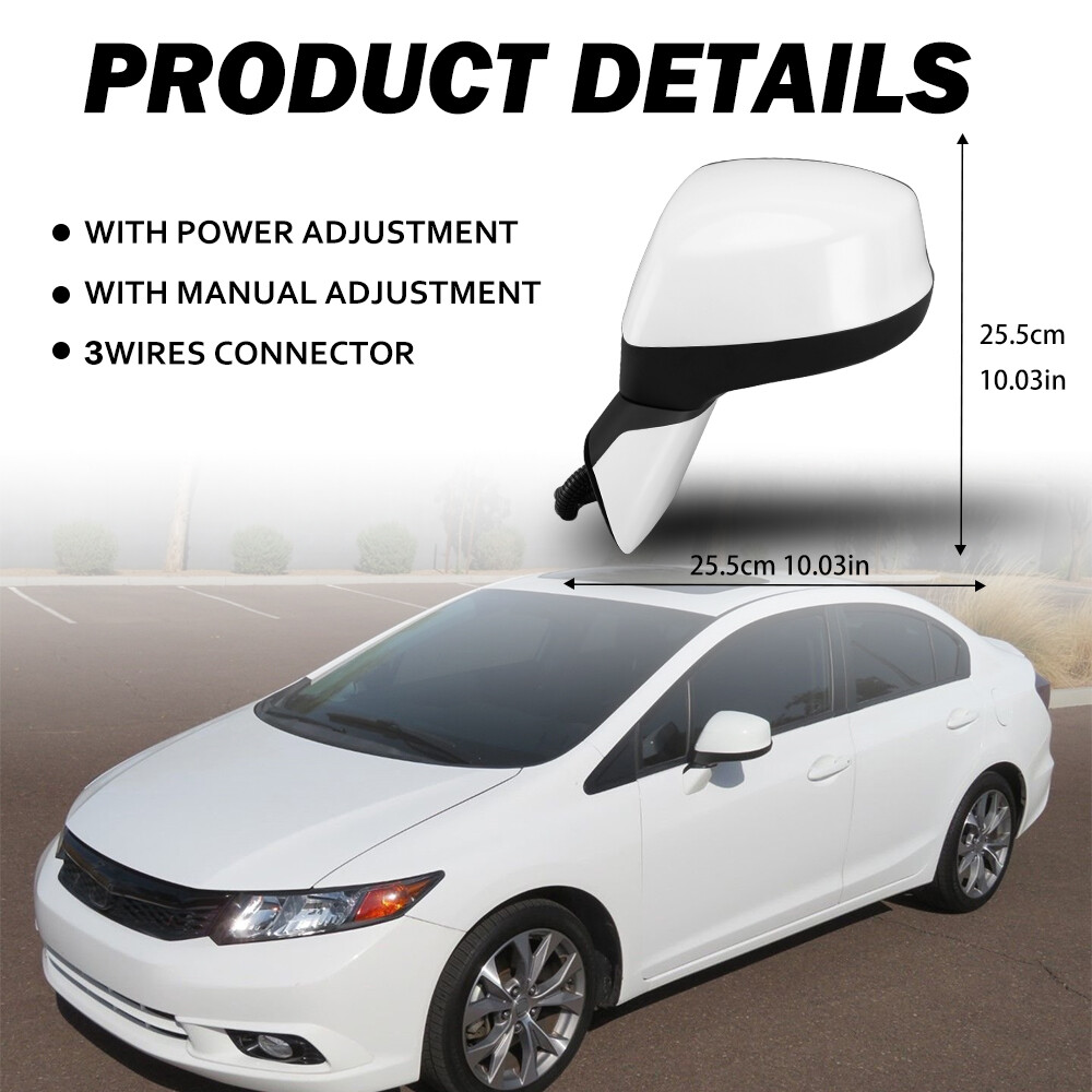 Left Driver Side Mirror White Manual Fold 3Pin For Honda Civic 2012 2013-2015