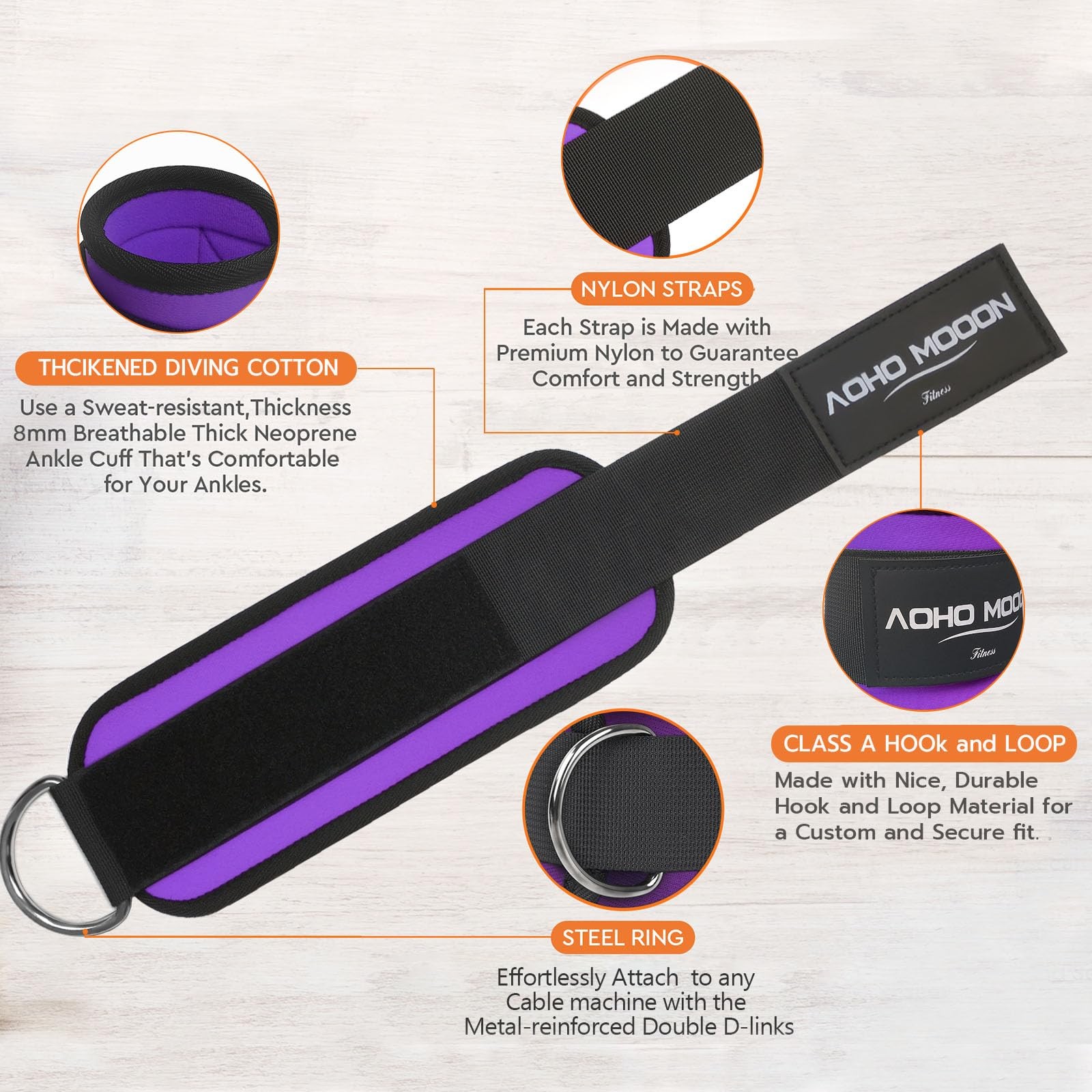 AOHO MOOON Comfortable Adjustable Ankle Straps for Cable Single, Purple