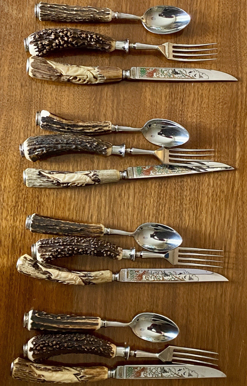 12 Ps Solingen Rostfrei Germany Stag Handle Knife Fork Spoon Sets, Etched Blades