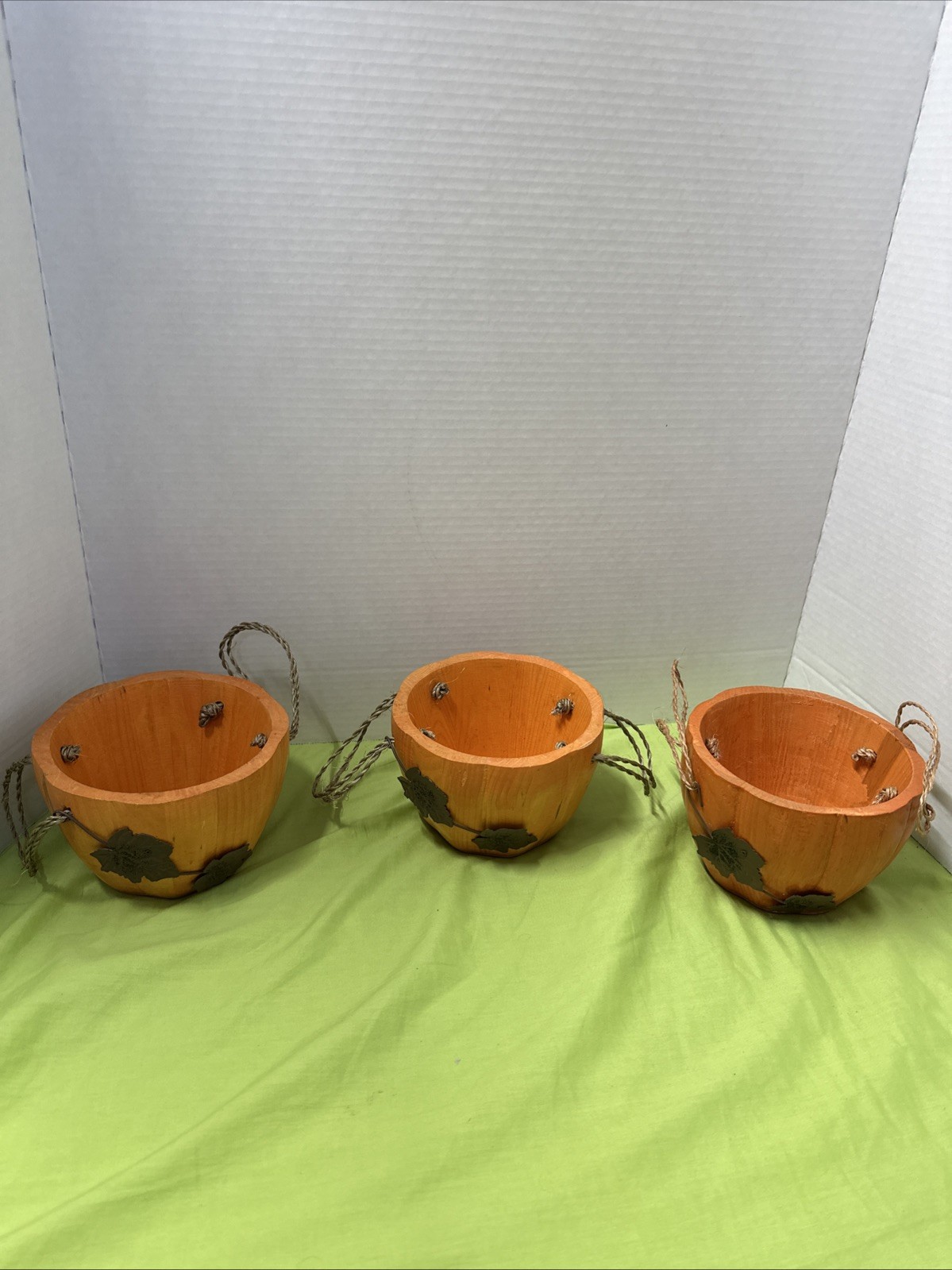 Set Of 3 Avon Spiced Pumpkin Bowls-Wood Bowls, Rope Handles, Metal Leaves