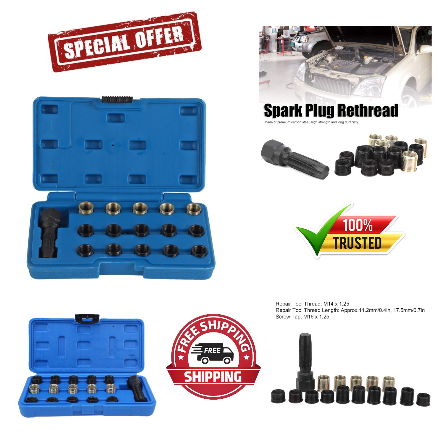 Portable Carbon Steel Spark Plug Thread Repair Kit - Complete with Storage Box