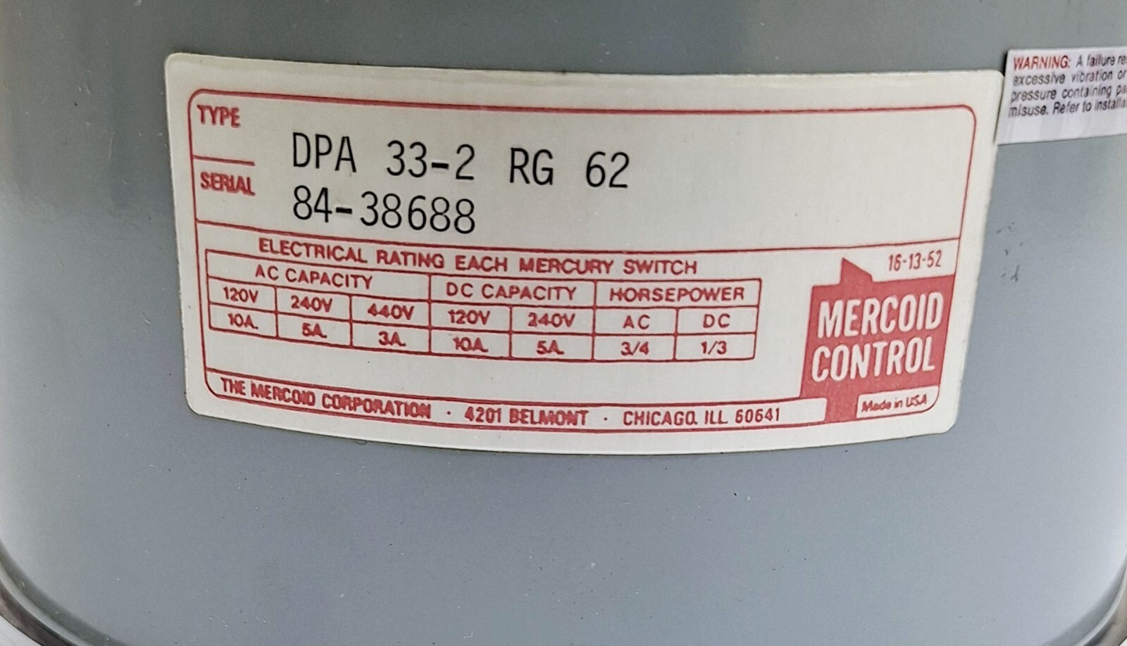 Mercoid DPA 33-2 RG 62 Temperature Switch