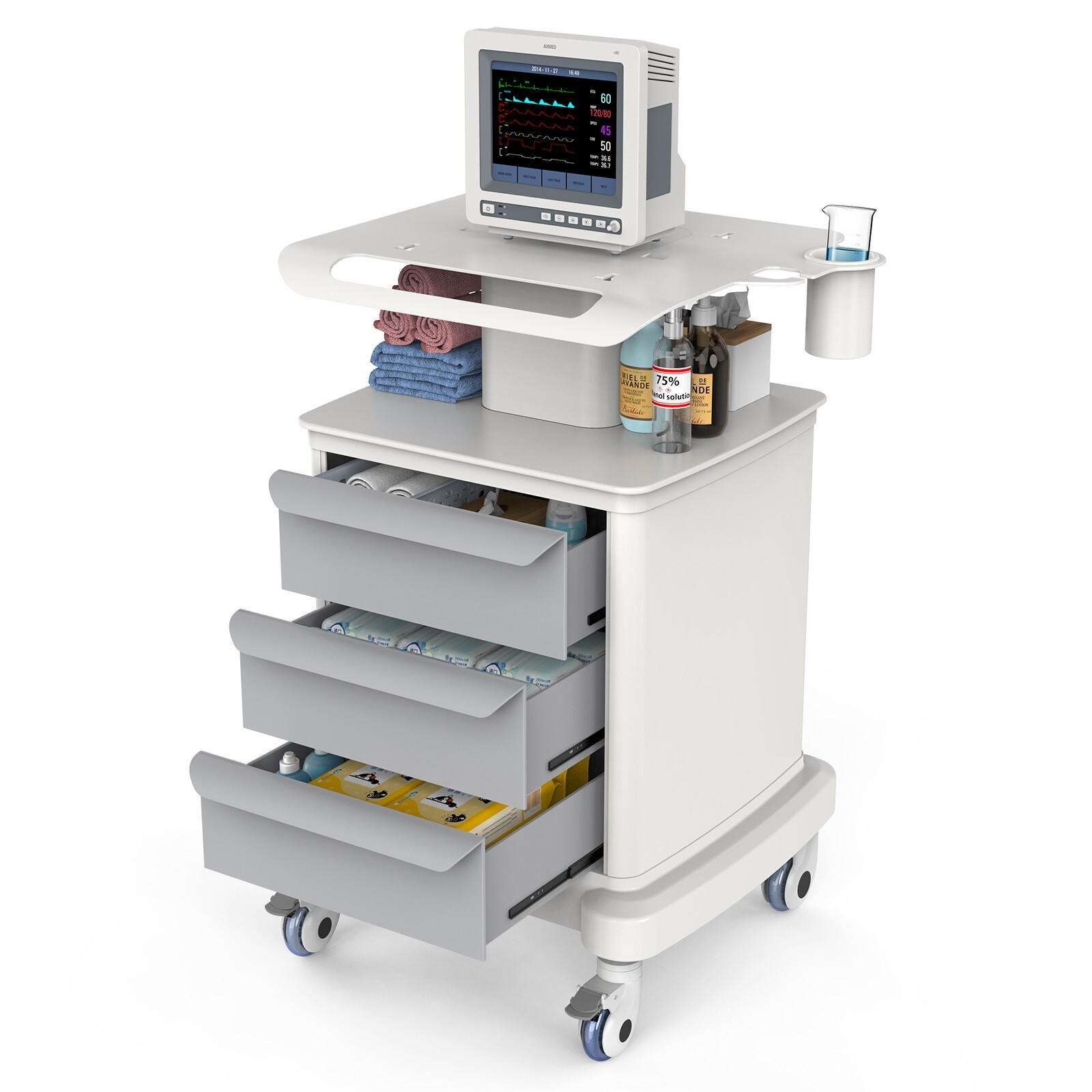 4 Tiers Ultrasound Carts Mobile Medical Cart with 3 Drawers & Top Tray  Lab Cart