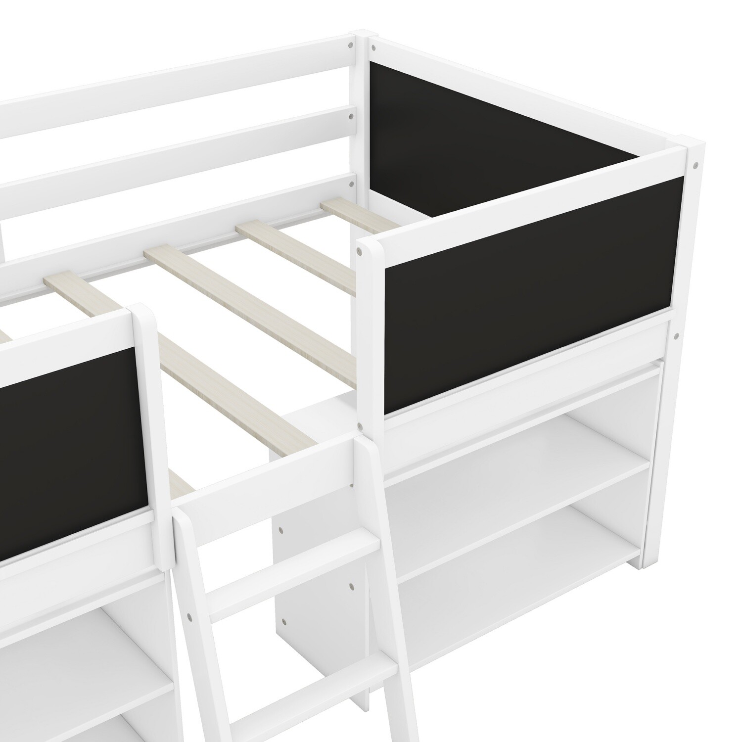 Twin Size Loft Bed Wood Bed Frame w/ 2 Movable Shelves & Guardrail Chalkboard