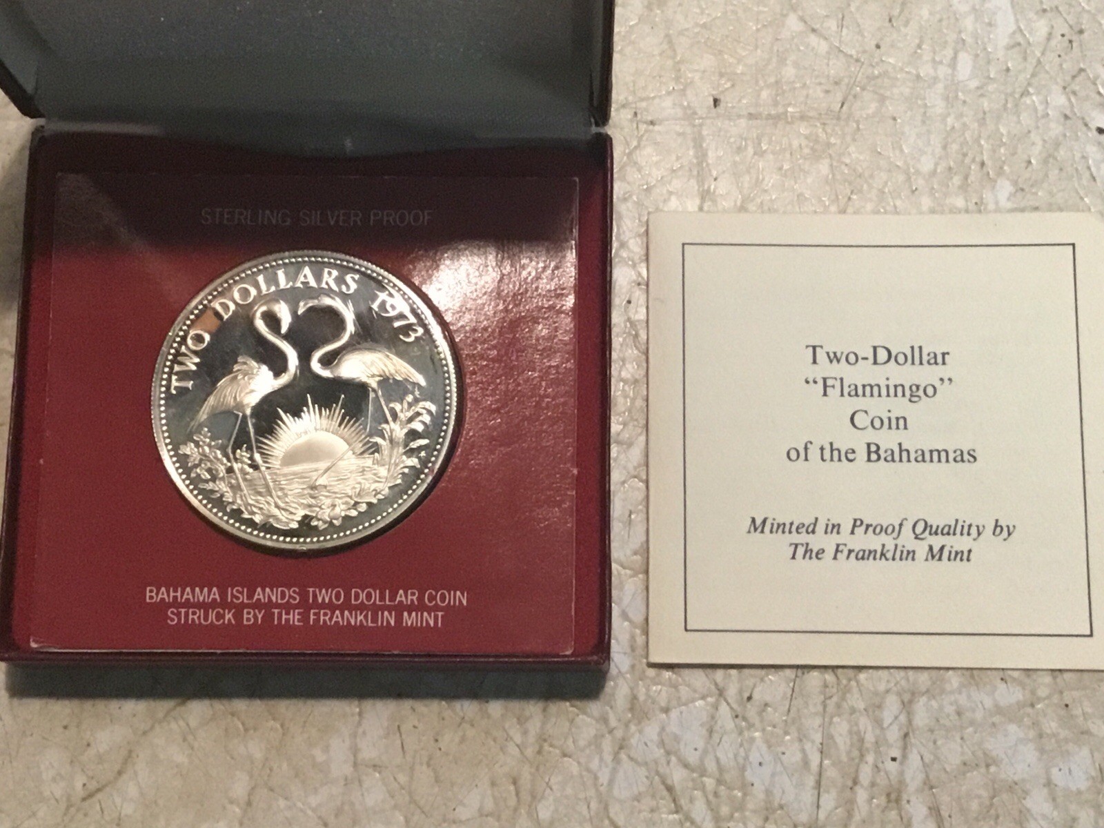 1974 The BAHAMAS SILVER $2  Large Coin Elizabeth II FLAMINGO Bird Original Case
