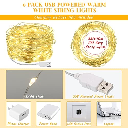 Pcs USB String Lights 33 ft 100 LED Fairy Lights Powered String 6 Warm White