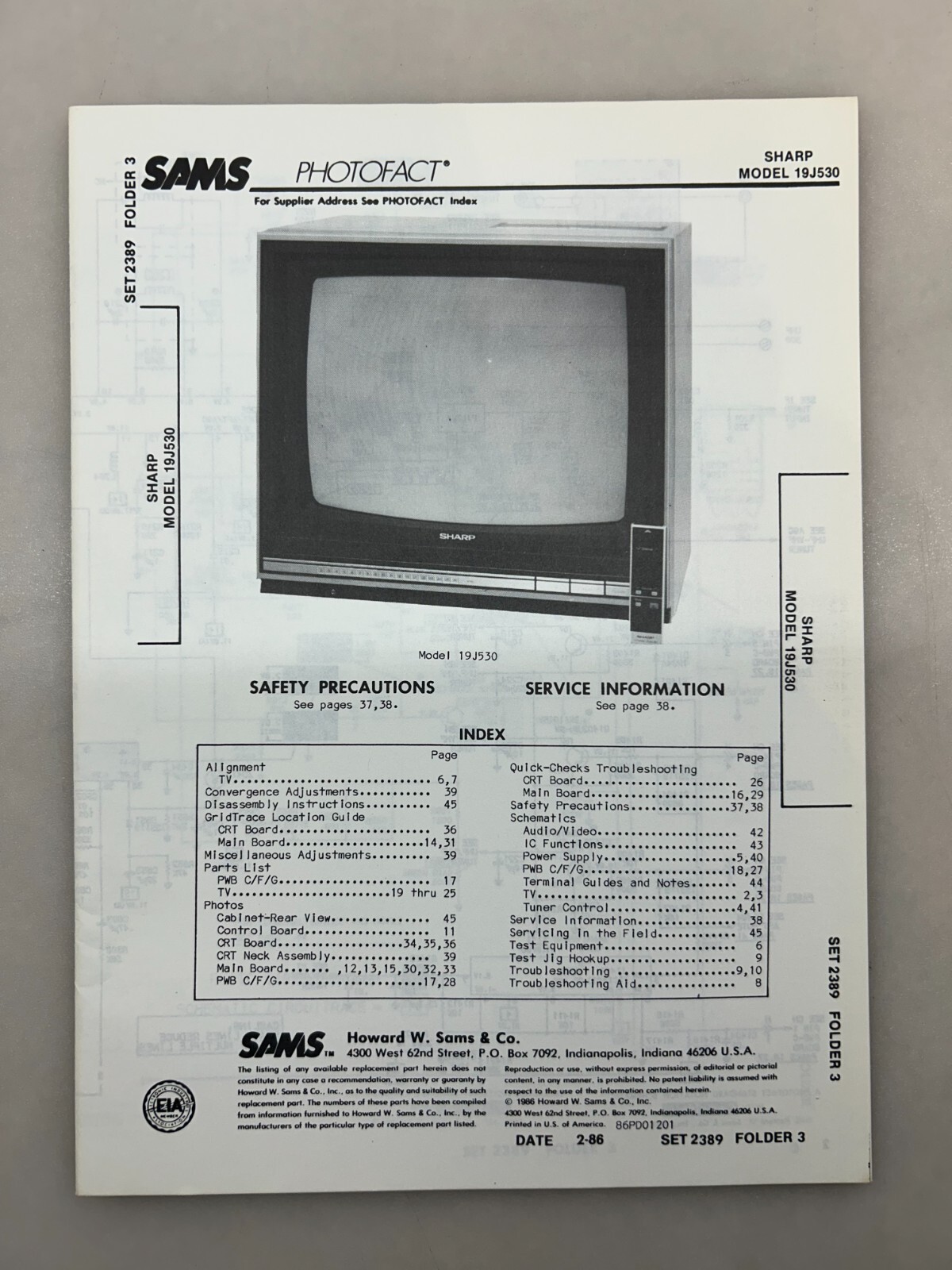 Sharp 19J530 Service Manual Sams Photofact Free Shipping