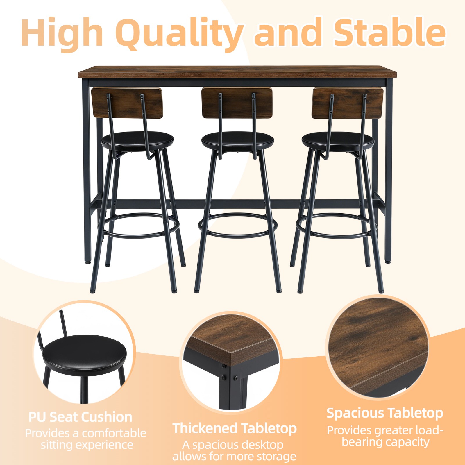 Bar Table and Chairs Set for 3, 4 Piece Industrial Dining Table Set