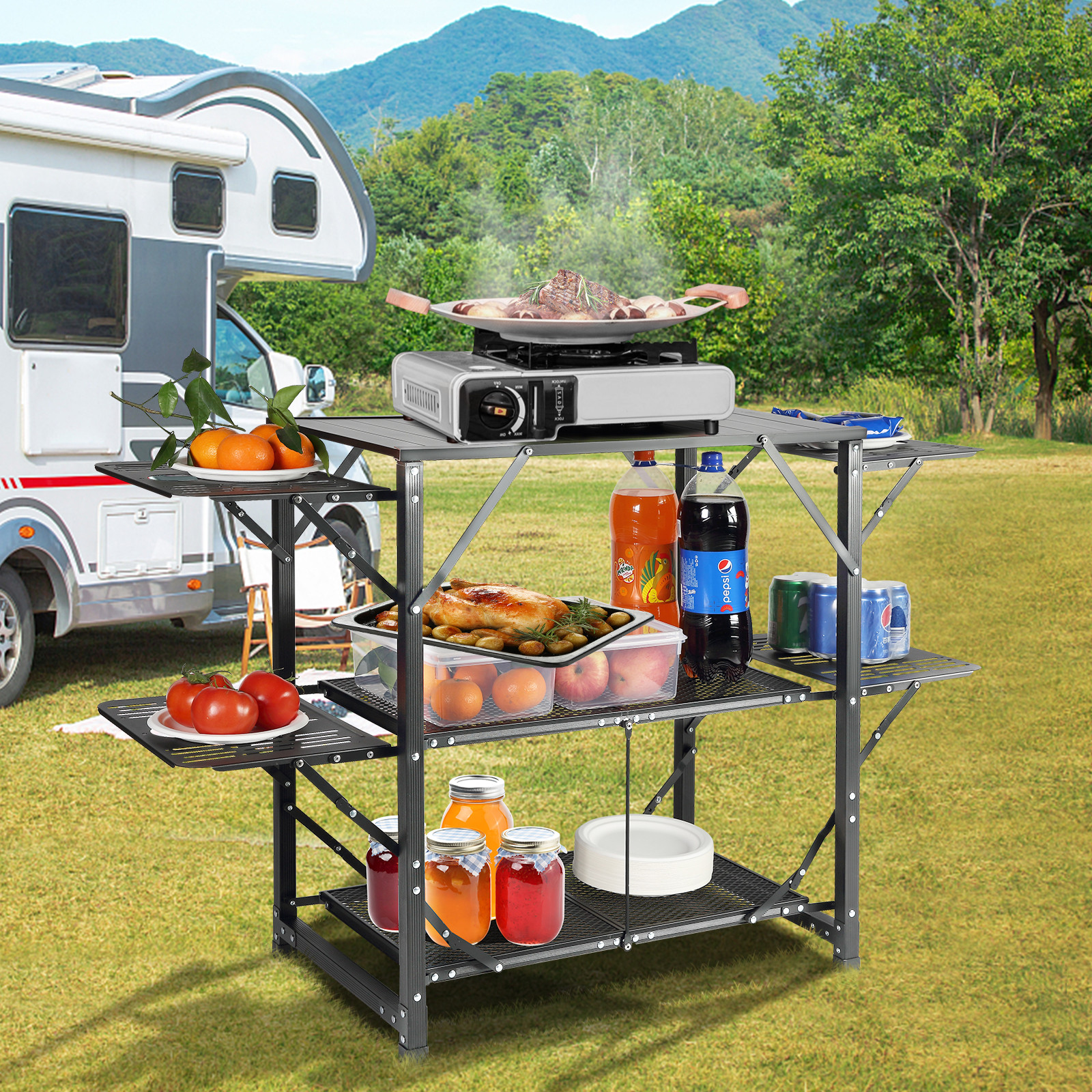 VEVOR Camping Kitchen Table Folding Portable Cook Station 5 Tables & 2 Shelves